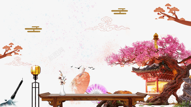 古风树祥云毛笔花伞psd免抠素材_新图网 https://ixintu.com 伞 古风 树 毛笔 祥云 花