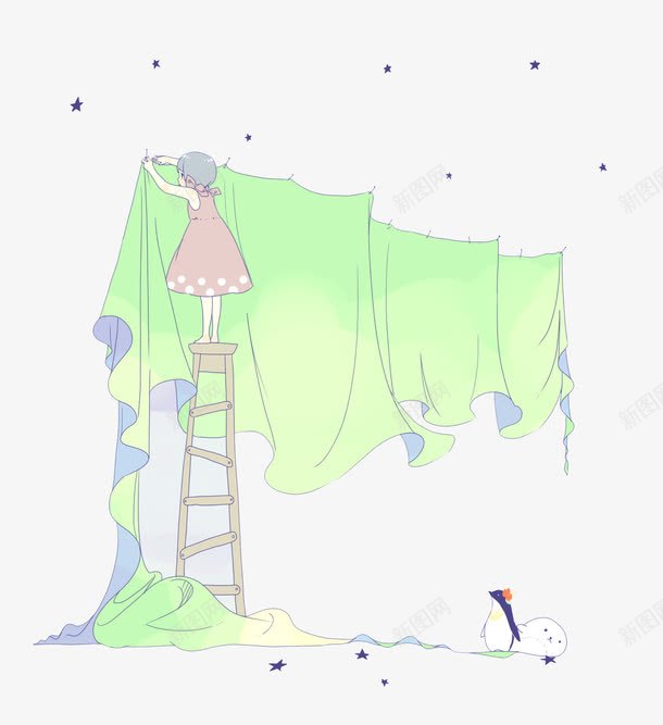 晒被单的女孩png免抠素材_新图网 https://ixintu.com 小女孩 插画 晒被单 楼梯