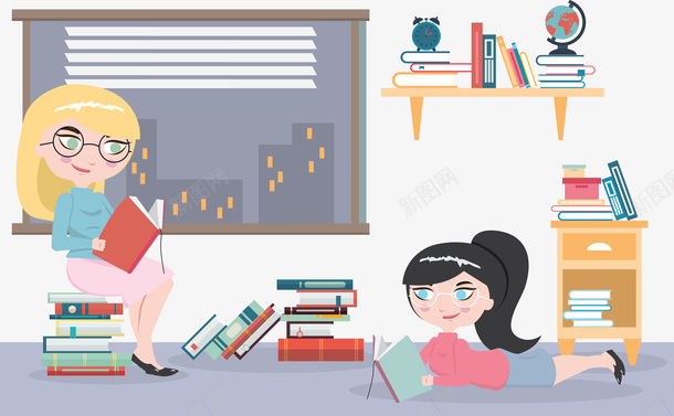 卧室读书学习矢量图eps免抠素材_新图网 https://ixintu.com 书柜 书籍 卧室 城市 故事书 看书 窗帘 窗户 矢量图