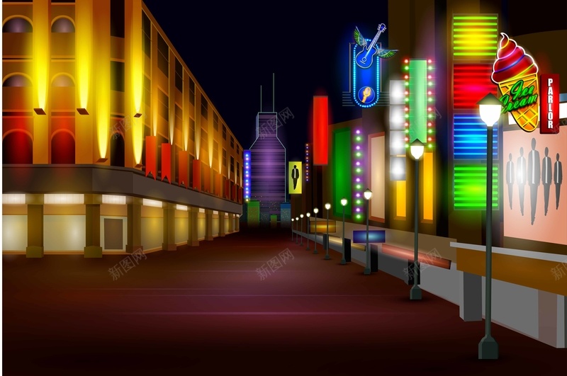 商业街夜景海报背景矢量图ai设计背景_新图网 https://ixintu.com 不夜城 商业街 夜景 海报 灯光 背景 霓虹 马路 矢量图