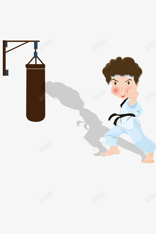 黄色男孩练习跆拳道插画psd免抠素材_新图网 https://ixintu.com 卡通风格 手绘插画 沙袋 练习小男孩 跆拳道文化 跆拳道馆