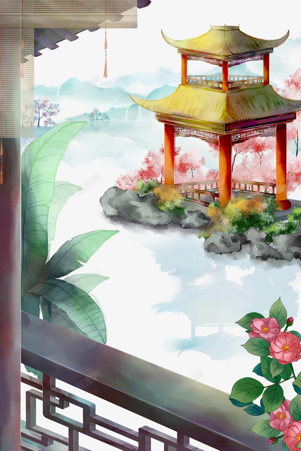 古风水墨亭台装饰元素psd免抠素材_新图网 https://ixintu.com 亭台 古风 桃花 植物 水 水墨 装饰元素 飞檐