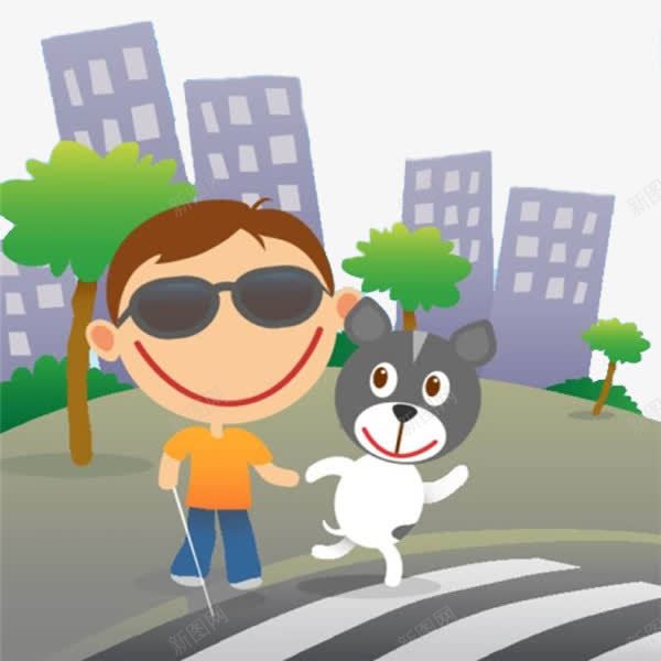 一只导盲犬png免抠素材_新图网 https://ixintu.com 卡通 卡通导盲犬 卡通斑马线 大楼 导盲犬 手绘 斑马线 盲人 简笔