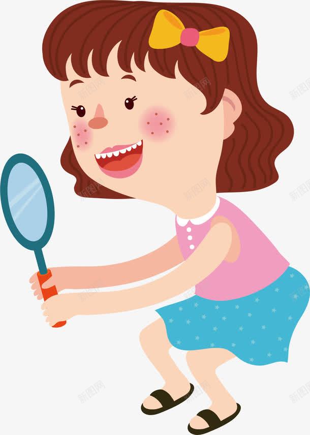 女孩照镜子png免抠素材_新图网 https://ixintu.com 卡通 女孩 手绘 照镜子