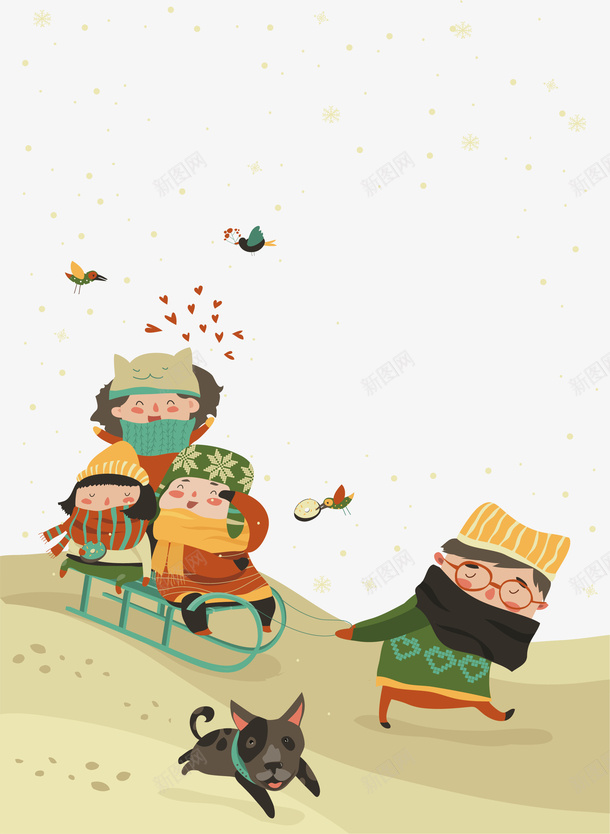 玩耍的孩子矢量图ai免抠素材_新图网 https://ixintu.com 卡通手绘 孩子 小鸟 水彩 爱心 玩耍 雪橇 高兴 矢量图