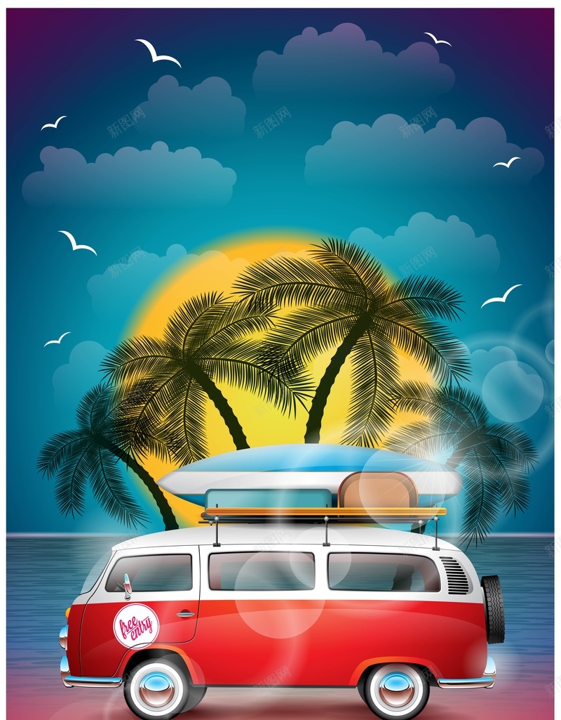 夏季出游自驾游海报背景矢量图ai设计背景_新图网 https://ixintu.com 周边游 周边游海报 大海 太阳伞 度假 度假海报 度蜜月 暑期游 沙滩 清凉夏日 自驾游 蓝天 矢量图