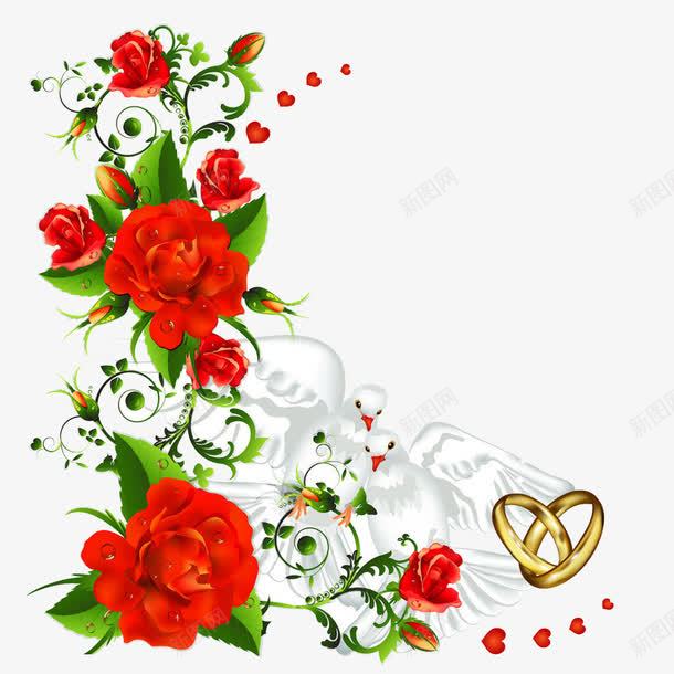 鲜花边框装饰png免抠素材_新图网 https://ixintu.com 丝带 婚礼素材 婚礼请柬素材 戒指 白鸽 粉色 绿叶 鲜花 鲜花边框装饰