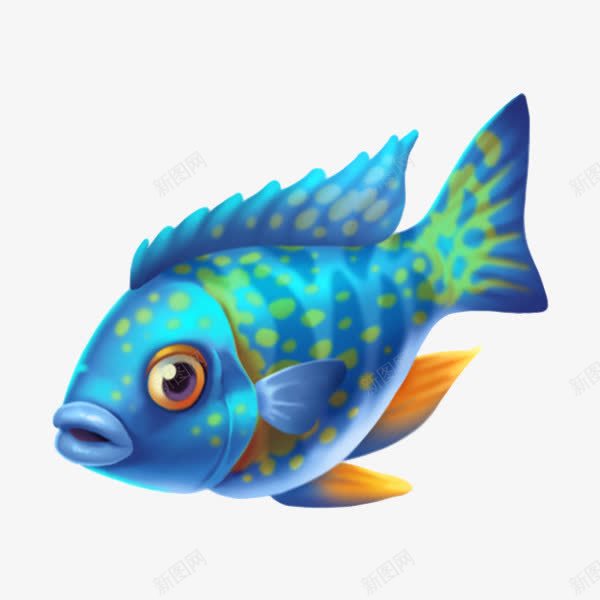 卡通蓝身花纹金鱼png免抠素材_新图网 https://ixintu.com 儿童画 卡通鱼 小鱼 蓝色鱼 金鱼
