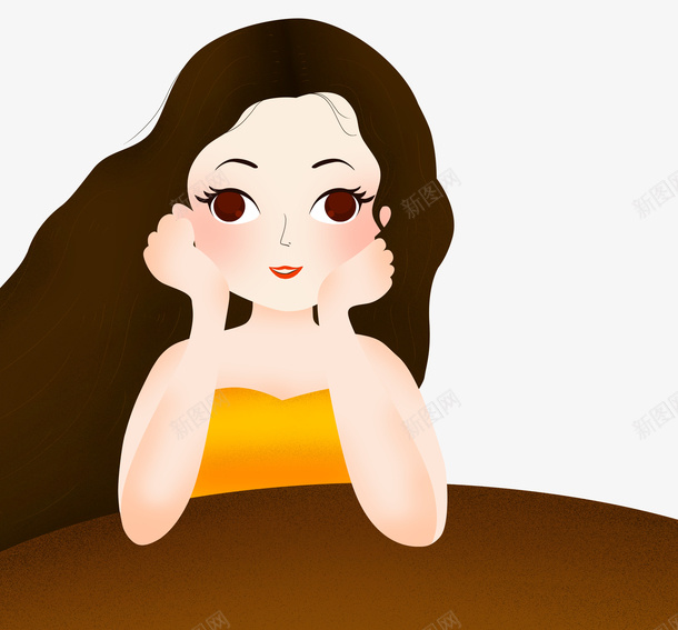 卡通可爱psd免抠素材_新图网 https://ixintu.com 卡通画 女孩 巧克力色 手绘 棕褐色 长发 黄色