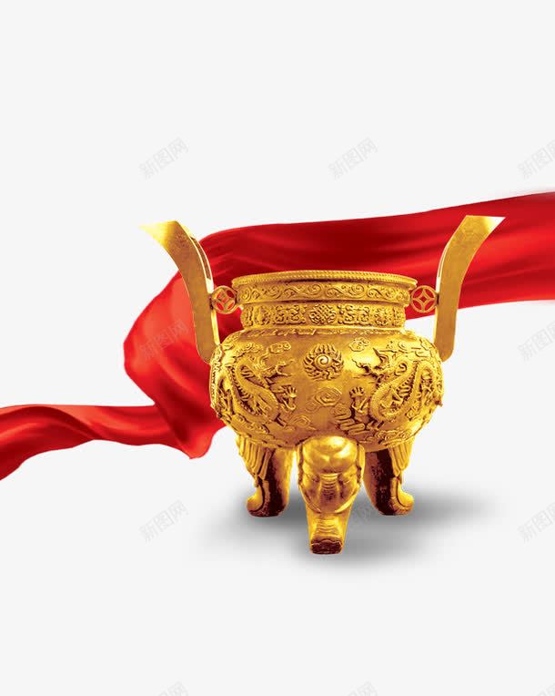 金鼎psd免抠素材_新图网 https://ixintu.com 商务 海报 红色飘带 装饰 金色 金融 鼎