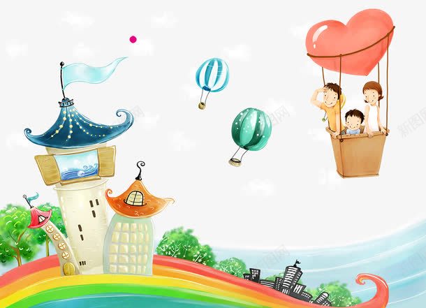坐着热气球png免抠素材_新图网 https://ixintu.com 卡通 可爱 城堡 热气球