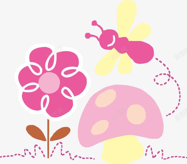 花和蝴蝶蘑菇png免抠素材_新图网 https://ixintu.com 卡通 手绘 粉色花 蘑菇 蝴蝶