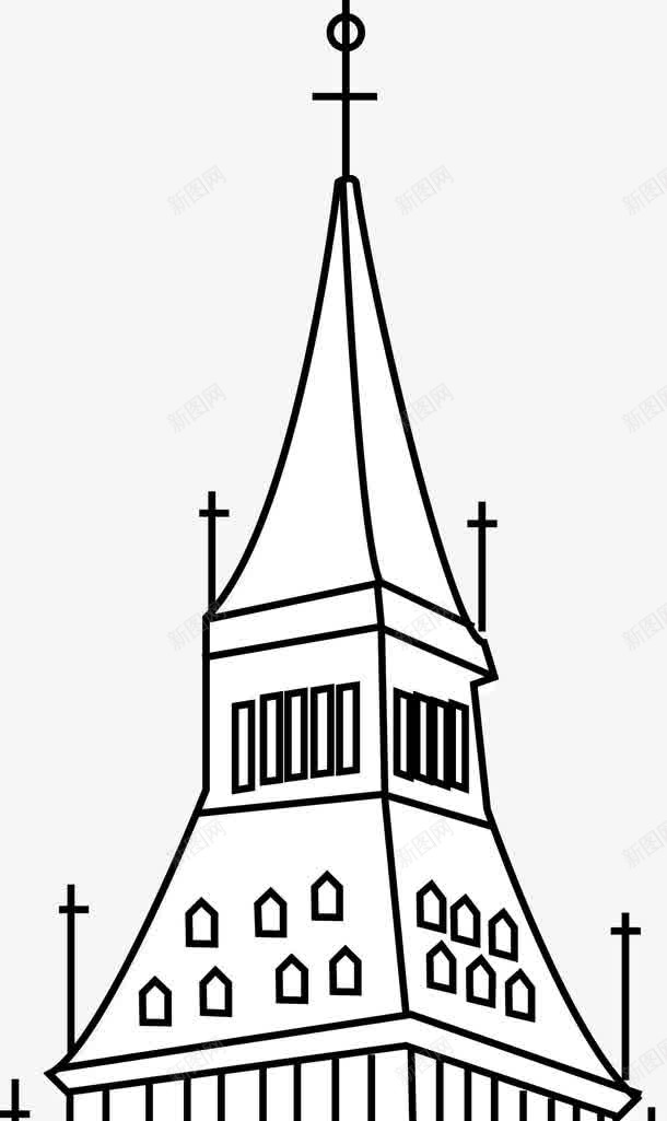 手绘黑色建筑png免抠素材_新图网 https://ixintu.com 免抠PNG 屋顶 建筑 手绘 时钟 线条 黑色