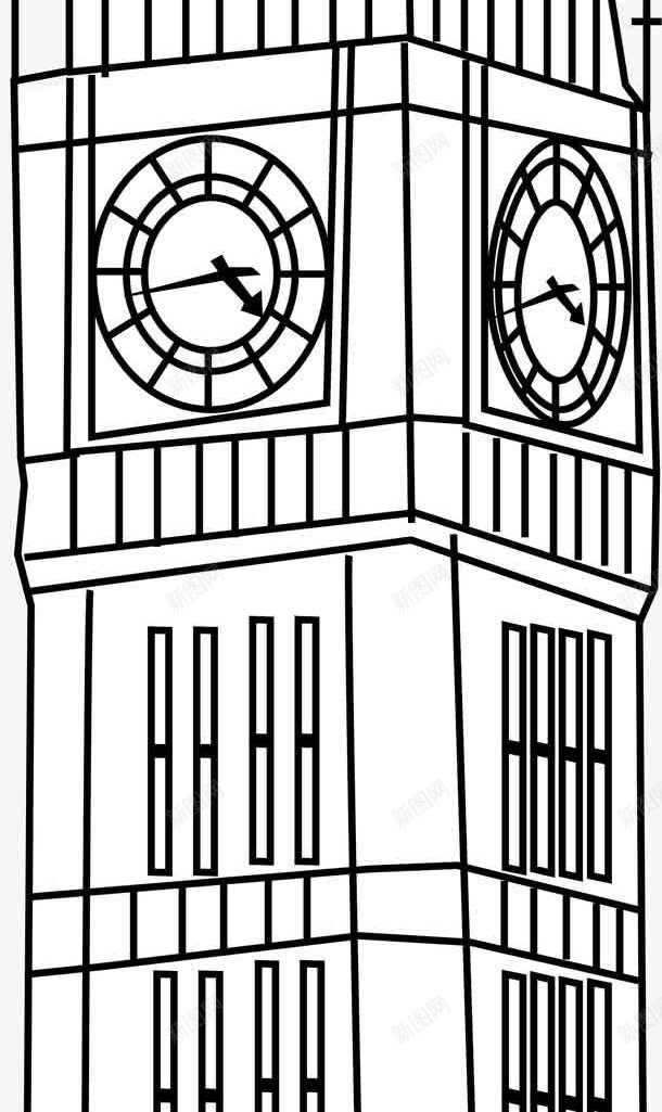 手绘黑色建筑png免抠素材_新图网 https://ixintu.com 免抠PNG 屋顶 建筑 手绘 时钟 线条 黑色