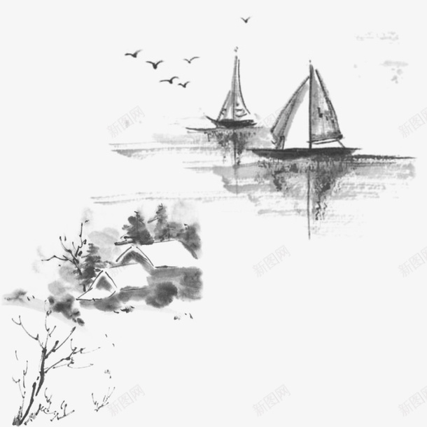 中国风山水画3psd免抠素材_新图网 https://ixintu.com 中国风 墨迹 山水画 船