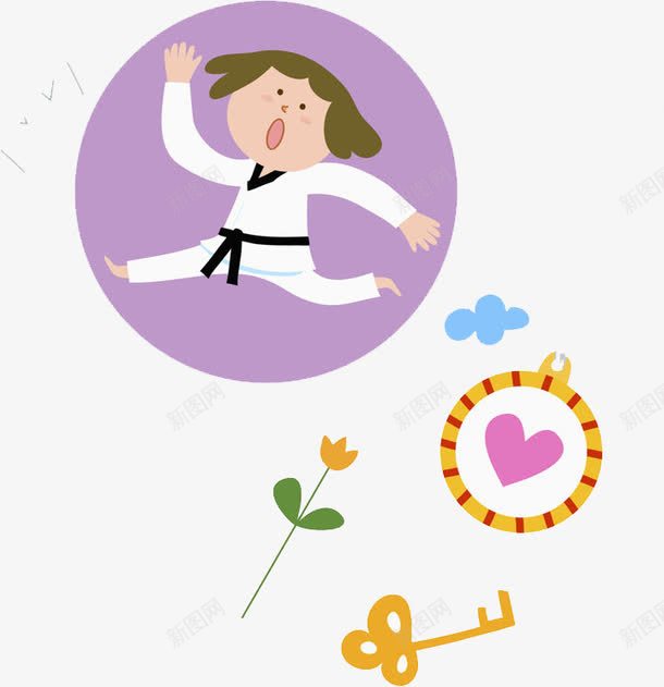 跆拳道女孩png免抠素材_新图网 https://ixintu.com 女孩 手绘 爱心 花朵 跆拳道 钥匙 黑色腰带 齐刘海