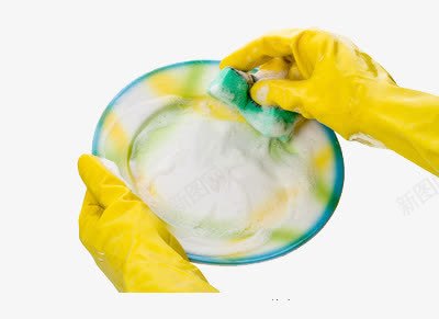 正在洗盘子png免抠素材_新图网 https://ixintu.com 手套 洗洁精 黄色