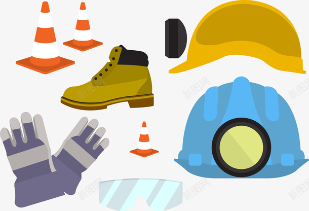 矿工工具矢量图eps免抠素材_新图网 https://ixintu.com 手套 棉鞋 照明灯 矿工帽 矢量图