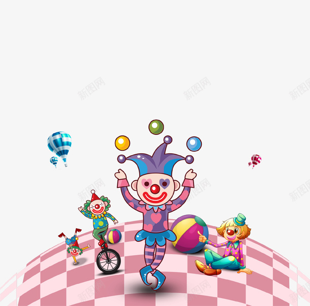 卡通手绘小丑愚人节插画psd免抠素材_新图网 https://ixintu.com joker 小丑 愚人节 插画 杂技 海报 热气球 节日