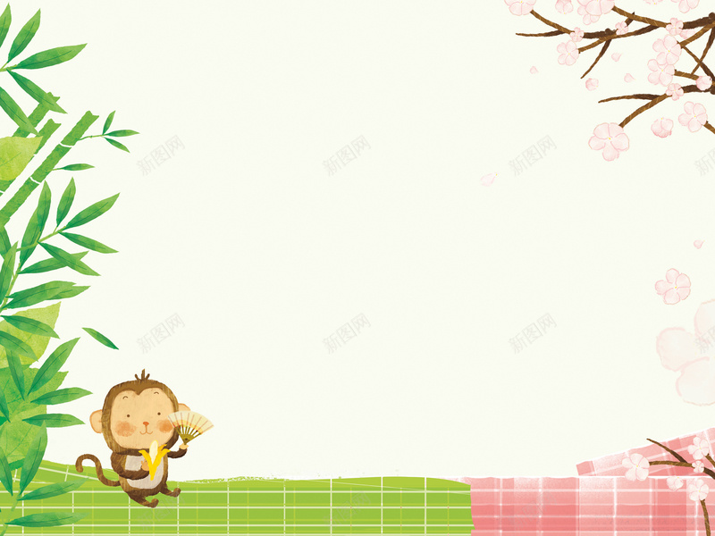 手绘可爱小猴背景psd设计背景_新图网 https://ixintu.com 卡通 手绘 格子 桃花 水彩 猴子 童趣 竹叶 线条 绿色