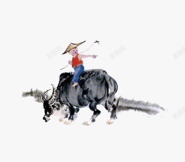 牧童png免抠素材_新图网 https://ixintu.com 国画牛 水墨画 牛 牧童
