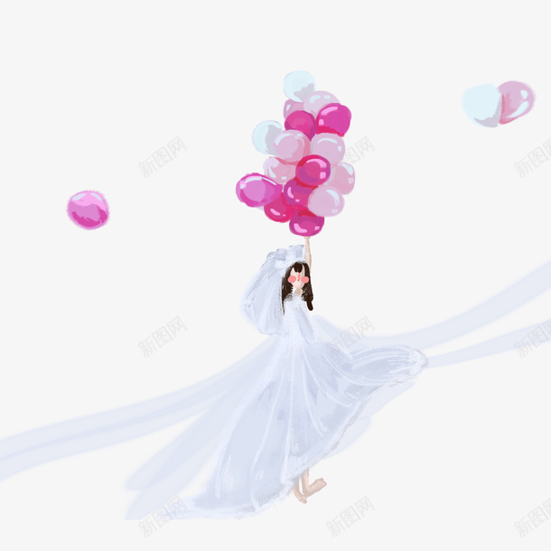 手绘卡通美丽新娘手拿一串气球png免抠素材_新图网 https://ixintu.com 动漫 动画 卡通人物 手绘 插画 新娘手拿一串气球
