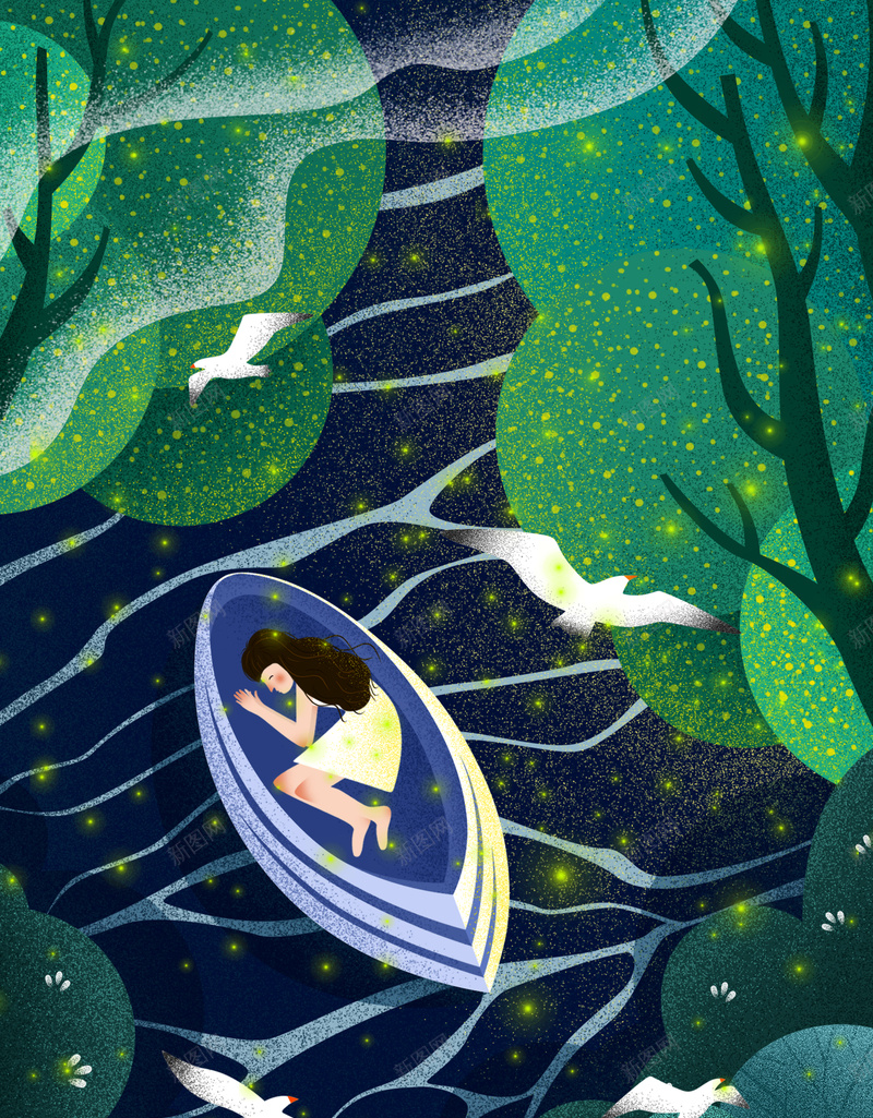 创意插画盛夏之夜晚安户外海报psd设计背景_新图网 https://ixintu.com 一个人 创意海报 夏季 女孩 小船 晚上好 晚安我的世界 树 盛夏之夜 萤火虫 鸟