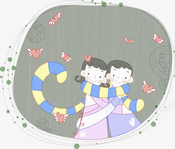 手绘带围巾的恋人png免抠素材_新图网 https://ixintu.com 创意 卡通 围巾 女孩 手绘 暖心 爱心 男孩