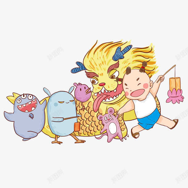 卡通版玩龙的小朋友png免抠素材_新图网 https://ixintu.com 动漫动画 卡通手绘 小动物 小朋友 灯笼 装饰图