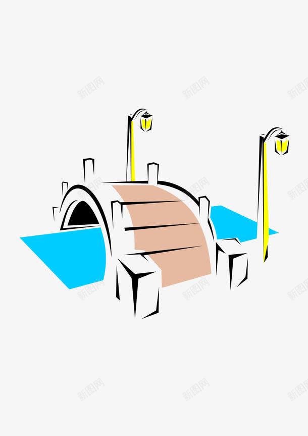 手绘线条风景矢量图ai免抠素材_新图网 https://ixintu.com 卡通手绘 桥 流水 线条 路灯 风景 矢量图
