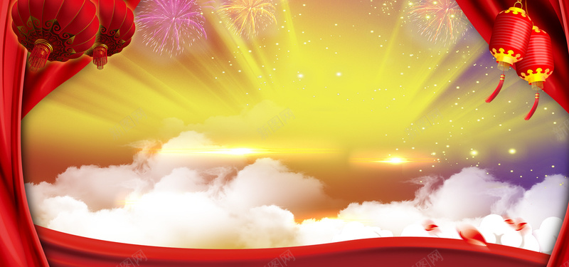 欢庆元旦psd设计背景_新图网 https://ixintu.com 中国风 云 喜庆 幕布 海报banner 灯笼 烟花 红色 花瓣