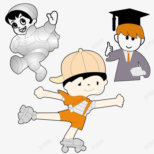 穿滑板鞋的小男孩png免抠素材_新图网 https://ixintu.com 博士帽 卡通 小男孩 手绘 滑板鞋 简图 轮子