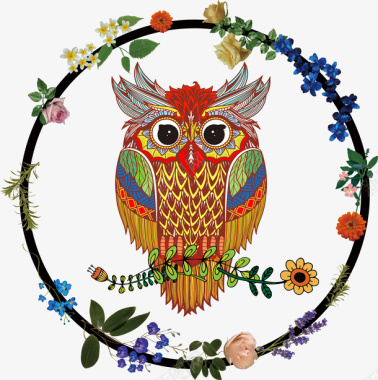 彩色猫头鹰花环装饰图标图标