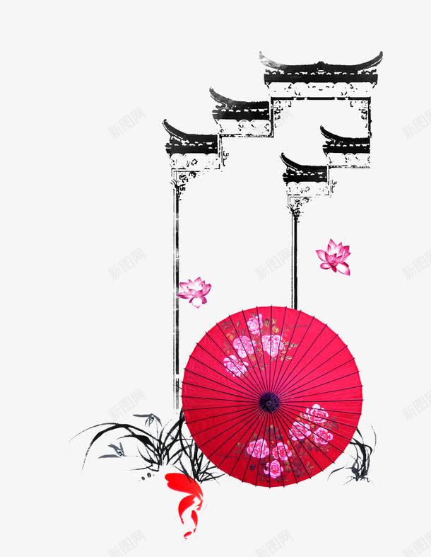 建筑与伞png免抠素材_新图网 https://ixintu.com 伞 建筑 水墨 海报装饰 红色