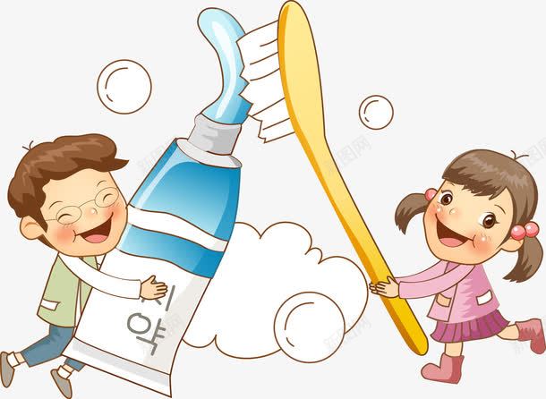 挤牙膏的男孩女孩png免抠素材_新图网 https://ixintu.com 卡通 女孩 护齿宣传插图 挤牙膏 泡泡 牙刷 牙膏 男孩