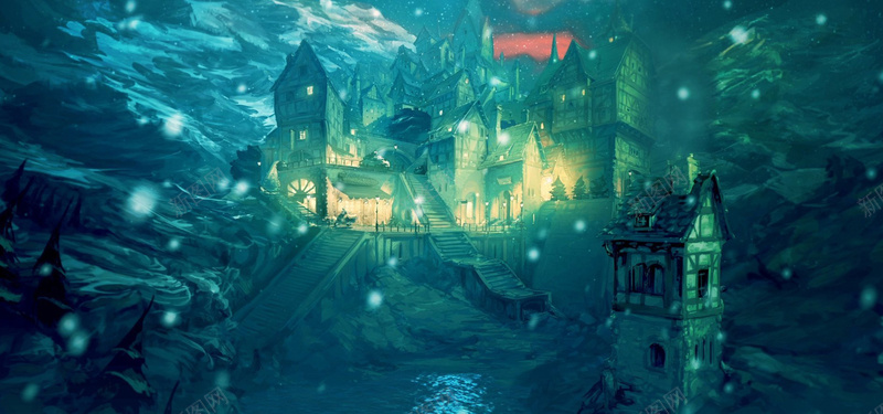 夜晚魔法城堡jpg设计背景_新图网 https://ixintu.com 卡通 城堡 夜晚 手绘 海报banner 深山 童趣