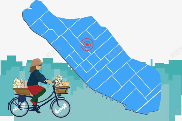 向目的地出发png免抠素材_新图网 https://ixintu.com 单车 地图 城市剪影 小红点 精准定位 红点 骑车