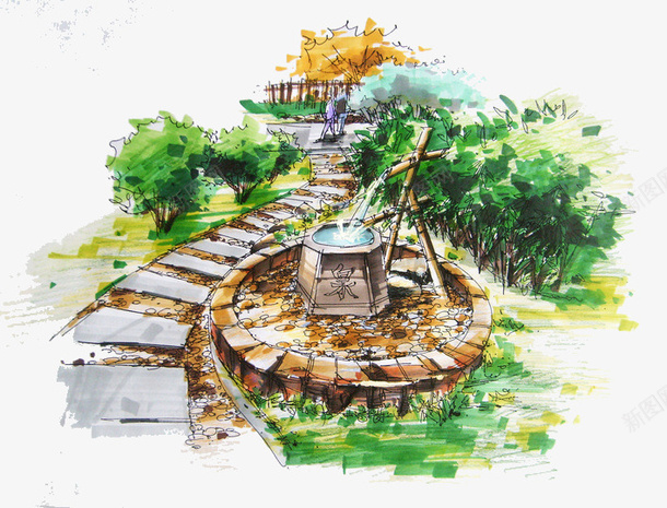 一幅油画png免抠素材_新图网 https://ixintu.com 庭楼 水井 绿树 道路