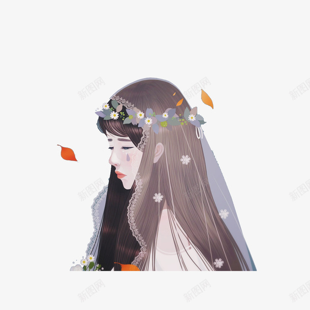 长发女孩png免抠素材_新图网 https://ixintu.com 卡通手绘 叶子 忧伤 树叶 水彩 长发女孩
