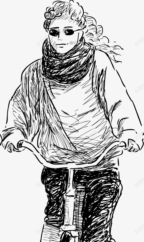 手绘运动女士矢量图ai免抠素材_新图网 https://ixintu.com 女士 手绘 自行车 运动 黑白色 矢量图