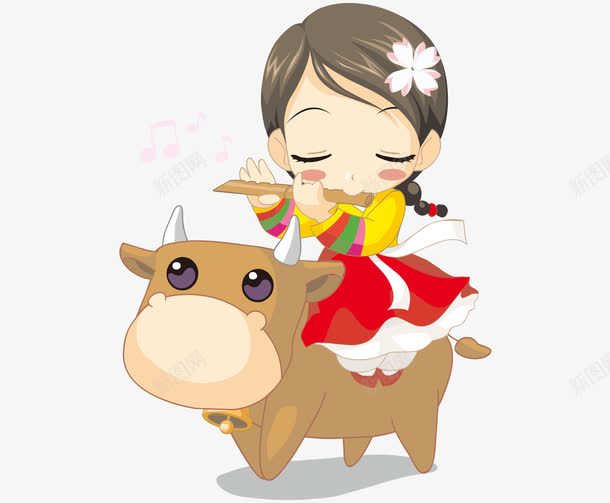 卡通吹笛子骑牛小女孩png免抠素材_新图网 https://ixintu.com 卡通的动物 卡通骑牛人物 吹笛子的小女孩 矢量的小女孩 骑牛的小女孩