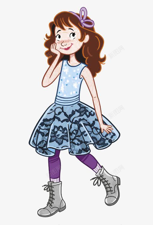 卷发女孩png免抠素材_新图网 https://ixintu.com 卡通 卷发 手绘 插画 蓝色 裙子