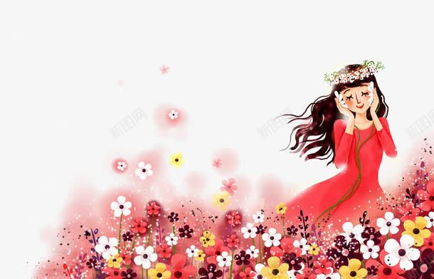 花丛中的红裙女孩png免抠素材_新图网 https://ixintu.com 女孩 梦幻 浪漫 红色 红裙 花丛中 花朵