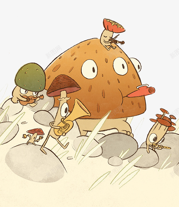 手绘蘑菇人音乐会psd免抠素材_新图网 https://ixintu.com 创意设计 可爱卡片 手绘插画 蘑菇小人