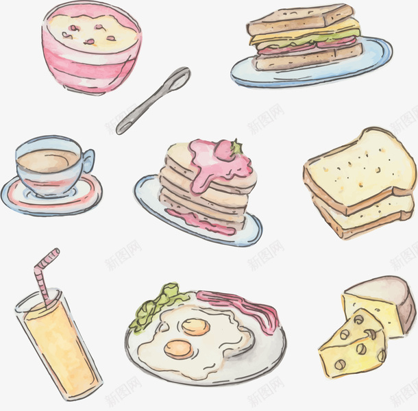 素色彩绘早餐食物矢量图ai免抠素材_新图网 https://ixintu.com 彩绘 早餐 面包 饮料 矢量图