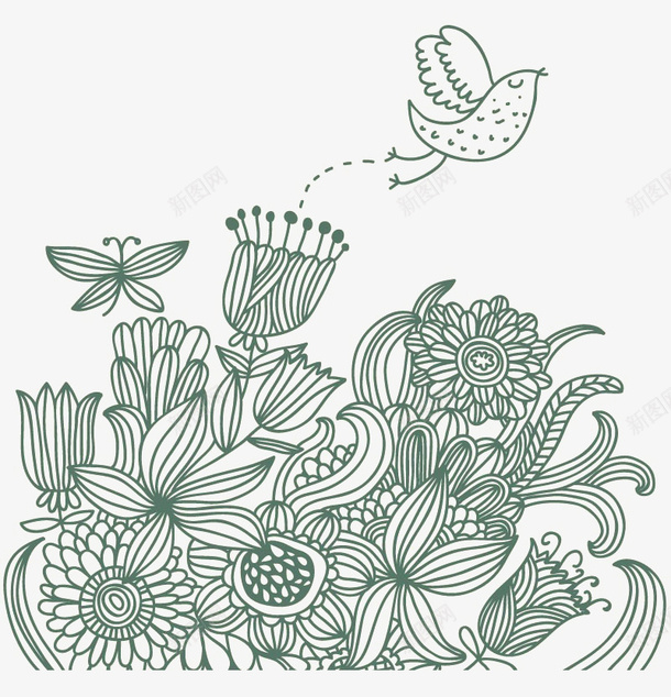 花纹花草png免抠素材_新图网 https://ixintu.com 小鸟 花草手绘 蝴蝶
