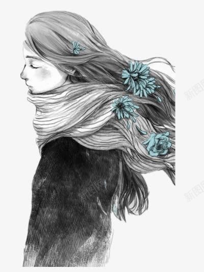 插画png免抠素材_新图网 https://ixintu.com 插画 秋冬 装饰 长发 黑白