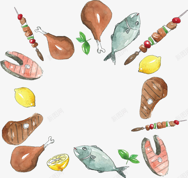 水彩手绘美味肉类矢量图ai免抠素材_新图网 https://ixintu.com 手绘风 水彩美食 矢量png 美食边框 肉类 肉类美食 矢量图