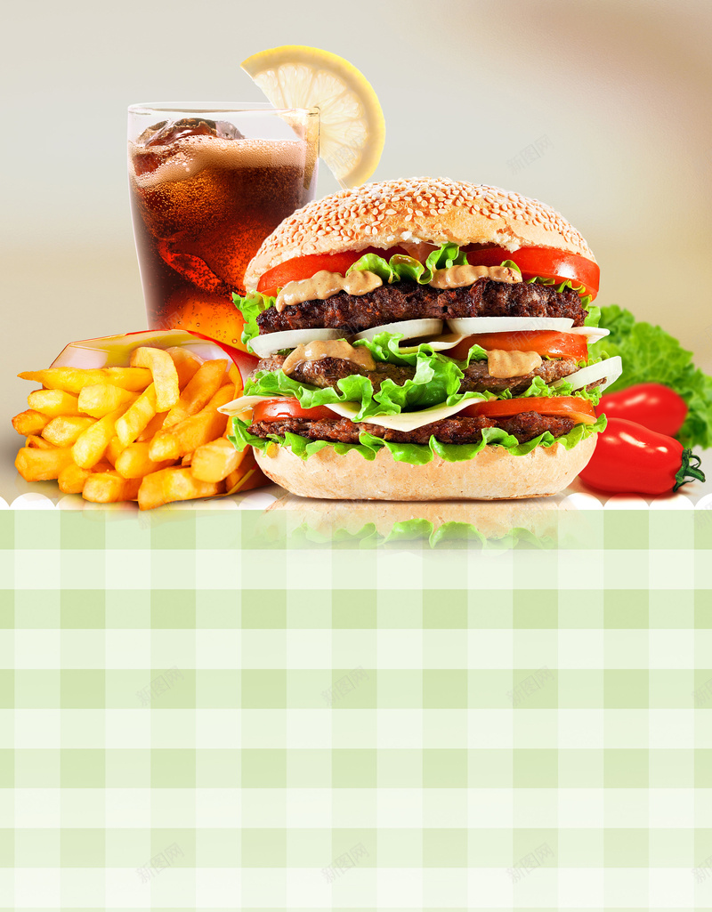 汉堡薯条美食海报背景模板psd设计背景_新图网 https://ixintu.com 光斑 可乐 圆点 布纹 格子 汉堡 海报背景 海报背景模板 美食 美食模板