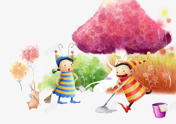 扫地的卡通人物png免抠素材_新图网 https://ixintu.com 人物 卡通人物 小树 扫地 蘑菇